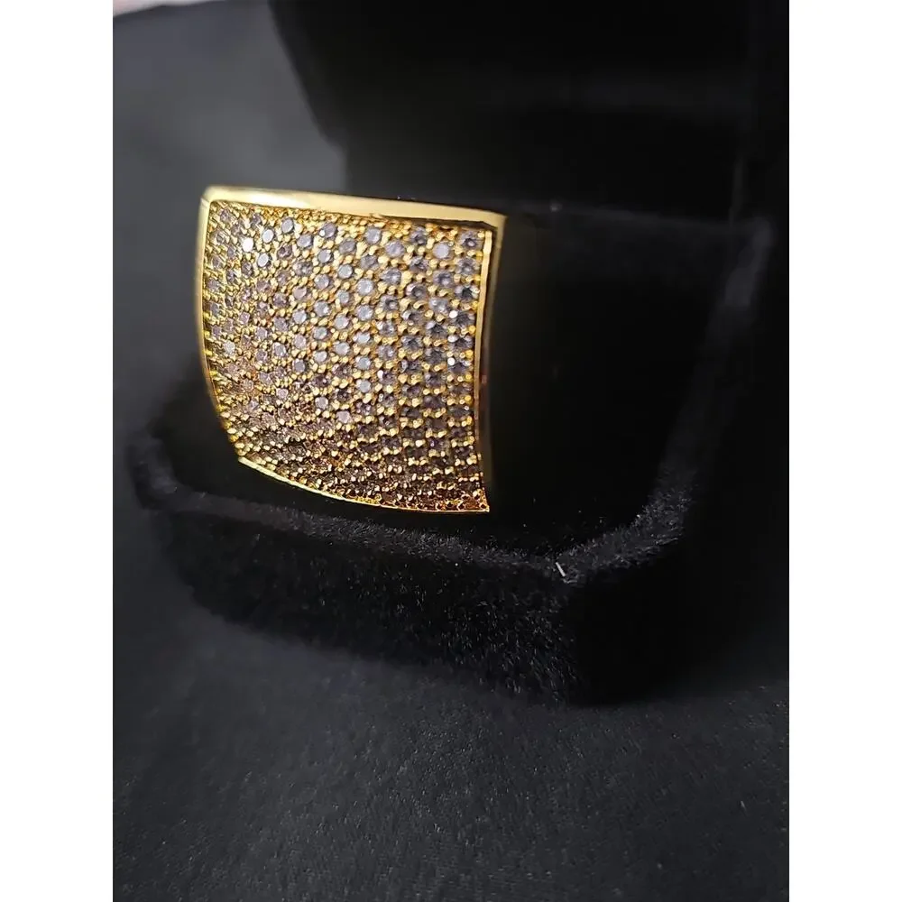 Gold-Plated brass Men's Ring SIZE 9 Square Pavé Cubic Zirconia 24.7mm